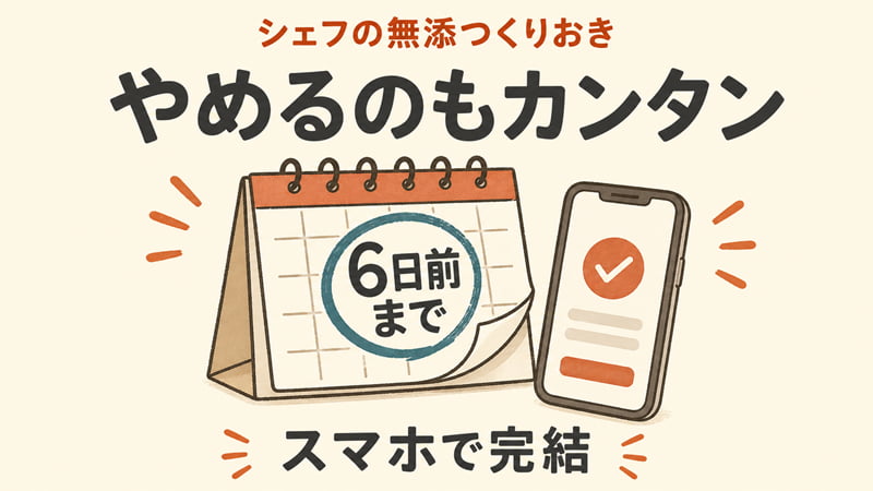 シェフの無添つくりおきの解約締め日（お届け6日前まで・スマホで完結）を示すカレンダー図。