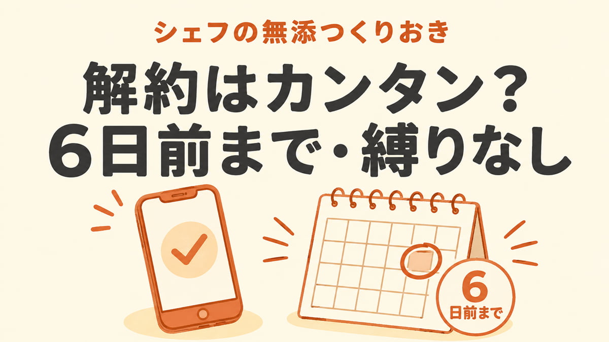 シェフの無添つくりおきの解約方法（6日前まで・縛りなし）を解説する記事のアイキャッチ画像。