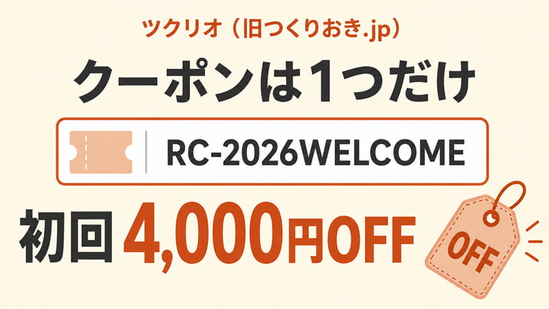 ツクリオのクーポンコード「RC-2026WELCOME」で初回4,000円OFFになることを示した図。