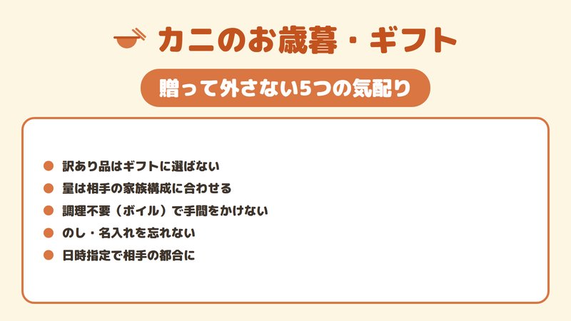 カニを贈るときに気を配りたい5つのポイント(訳あり回避・量・調理不要・のし・日時指定)を並べた図。