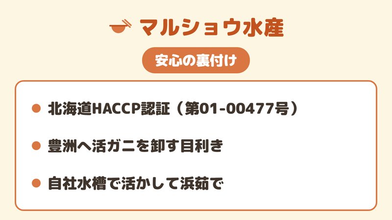マルショウ水産の北海道HACCP認証・卸売の目利き・自社水槽での浜茹でという安心の裏付けを示す図。