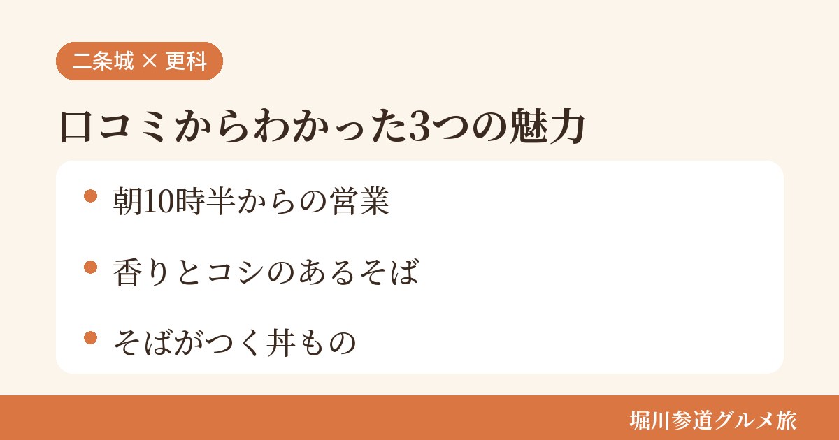 京都市中京区三坊大宮町のそば屋「そば処 更科」の口コミからわかった3つの魅力（朝10時半からの営業／香りとコシのあるそば／そばがつく丼もの）をまとめた画像